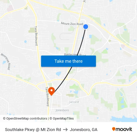 Southlake Pkwy @ Mt Zion Rd to Jonesboro, GA map
