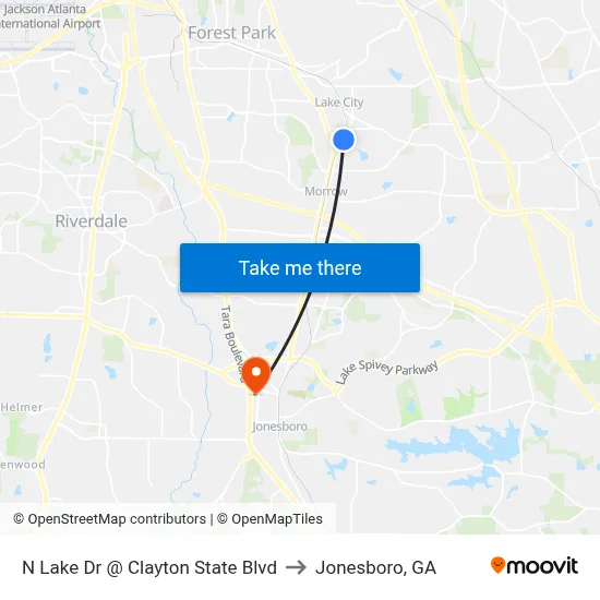 N Lake Dr @ Clayton State Blvd to Jonesboro, GA map