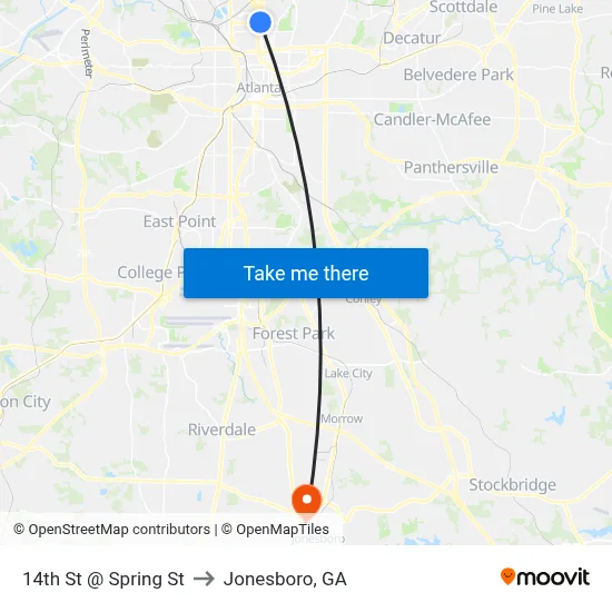 14th St @ Spring St to Jonesboro, GA map