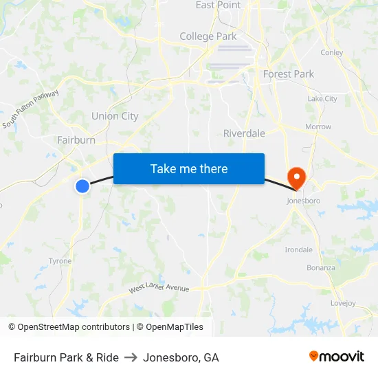 Fairburn Park & Ride to Jonesboro, GA map