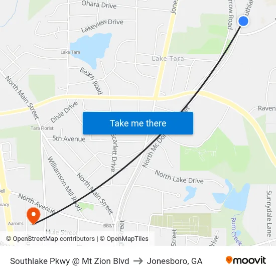 Southlake Pkwy @ Mt Zion Blvd to Jonesboro, GA map