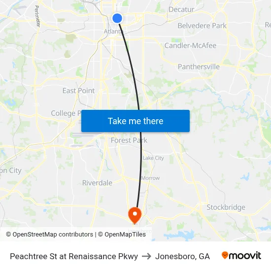 Peachtree St at Renaissance Pkwy to Jonesboro, GA map
