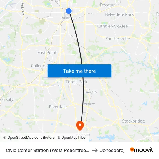 Civic Center Station (West Peachtreet Street) to Jonesboro, GA map