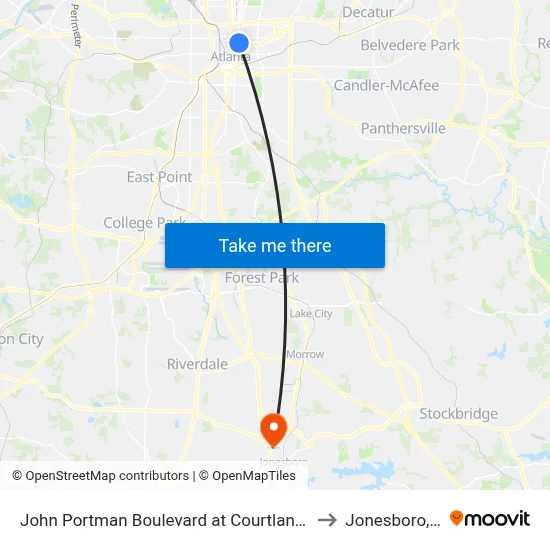 John Portman Boulevard at Courtland Street to Jonesboro, GA map