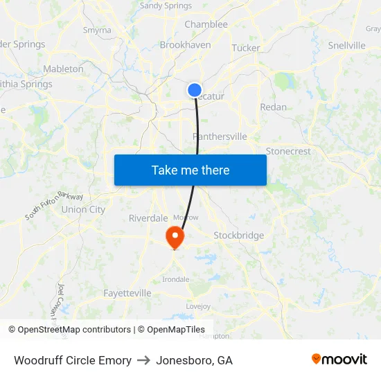 Woodruff Circle Emory to Jonesboro, GA map