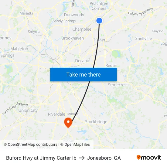 Buford Hwy at Jimmy Carter Ib to Jonesboro, GA map