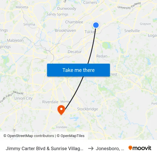 Jimmy Carter Blvd & Sunrise Village Ln to Jonesboro, GA map