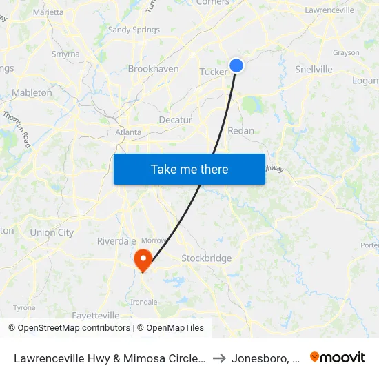 Lawrenceville Hwy & Mimosa Circle Ob to Jonesboro, GA map
