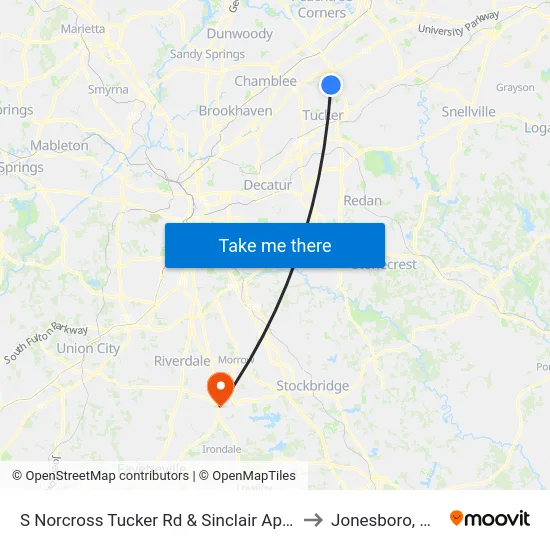 S Norcross Tucker Rd & Sinclair Apts to Jonesboro, GA map