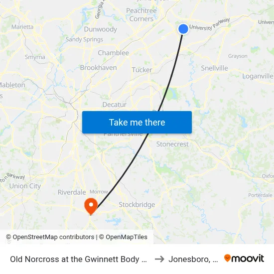 Old Norcross at the Gwinnett Body Shop to Jonesboro, GA map
