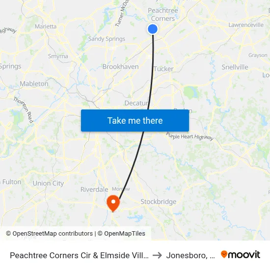 Peachtree Corners Cir & Elmside Villg Ln to Jonesboro, GA map