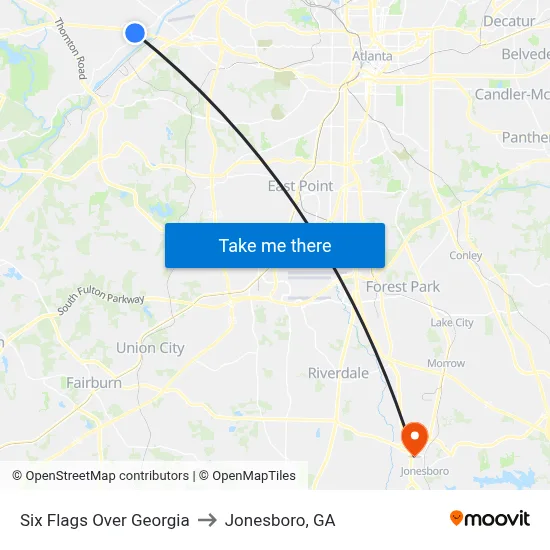 Six Flags Over Georgia to Jonesboro, GA map