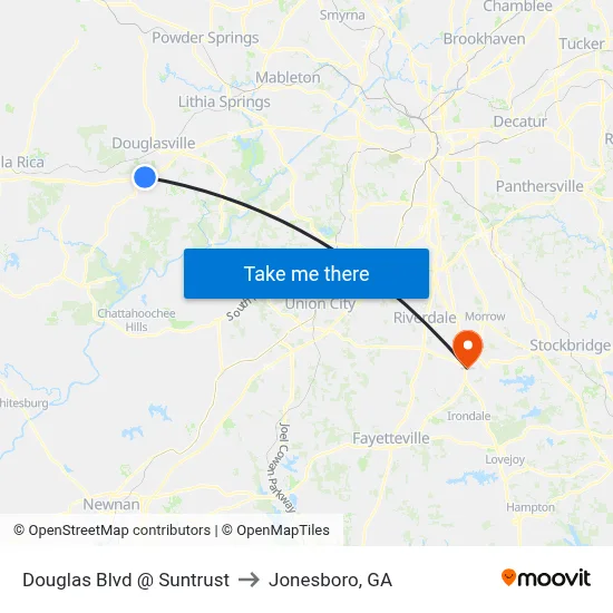 Douglas Blvd @ Suntrust to Jonesboro, GA map