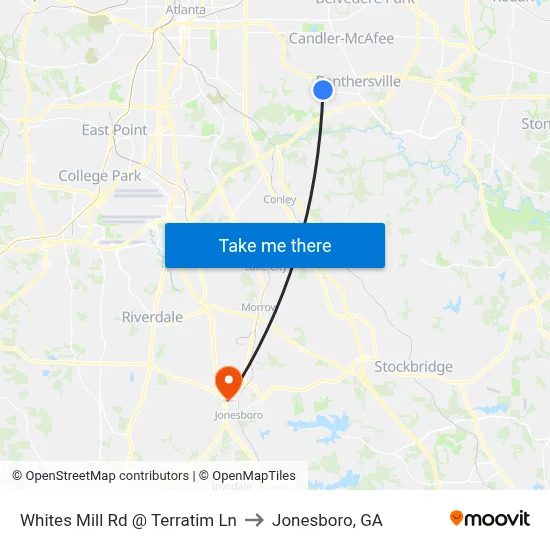 Whites Mill Rd @ Terratim Ln to Jonesboro, GA map