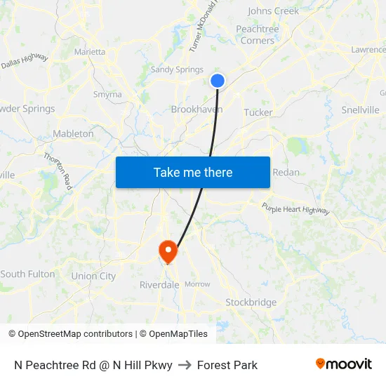 N Peachtree Rd @ N Hill Pkwy to Forest Park map
