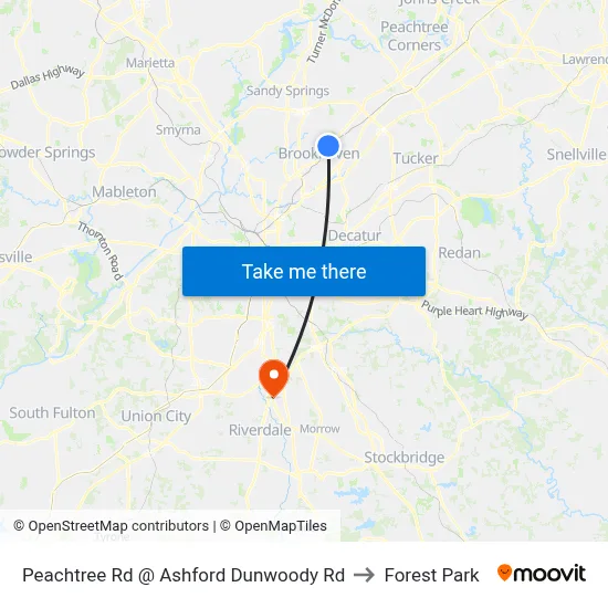 Peachtree Rd @ Ashford Dunwoody Rd to Forest Park map
