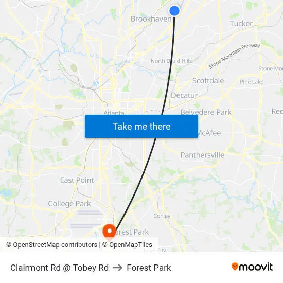 Clairmont Rd @ Tobey Rd to Forest Park map