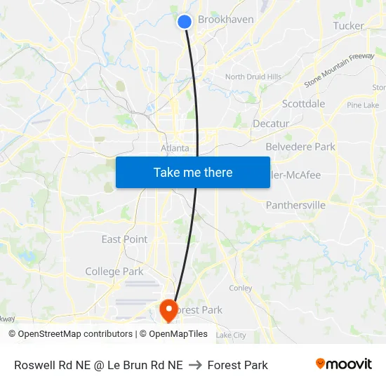 Roswell Rd NE @ Le Brun Rd NE to Forest Park map