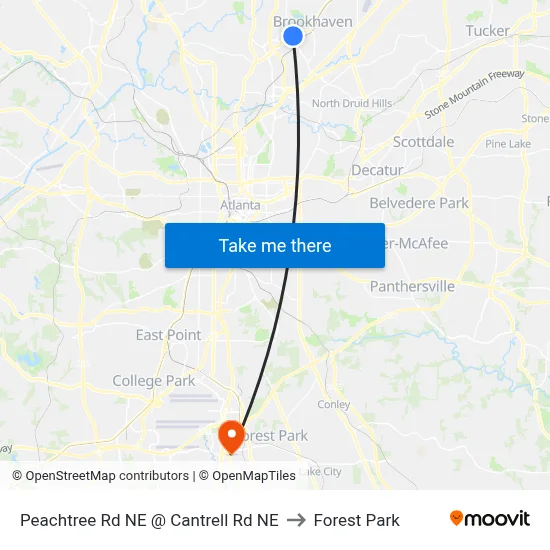 Peachtree Rd NE @ Cantrell Rd NE to Forest Park map