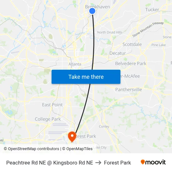 Peachtree Rd NE @ Kingsboro Rd NE to Forest Park map