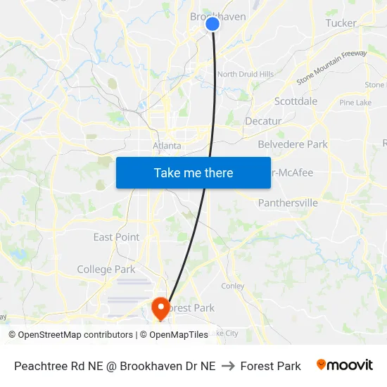 Peachtree Rd NE @ Brookhaven Dr NE to Forest Park map
