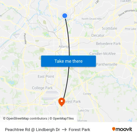 Peachtree Rd @ Lindbergh Dr to Forest Park map