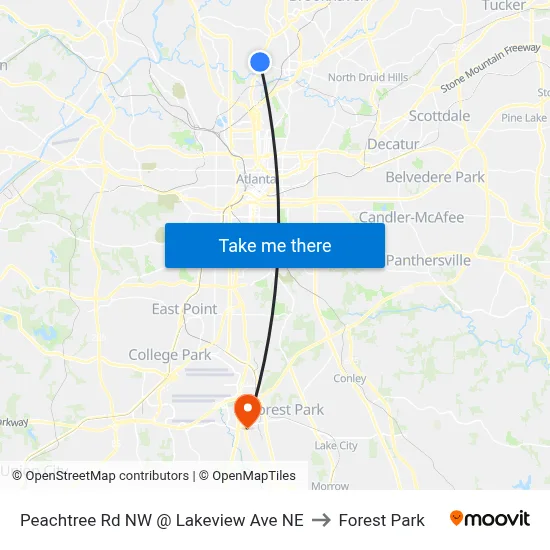 Peachtree Rd NW @ Lakeview Ave NE to Forest Park map