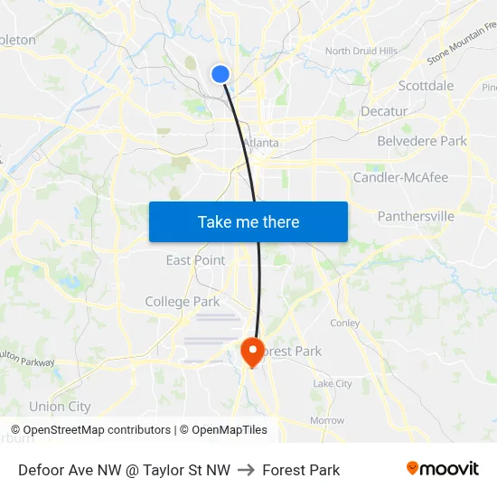 Defoor Ave NW @ Taylor St NW to Forest Park map