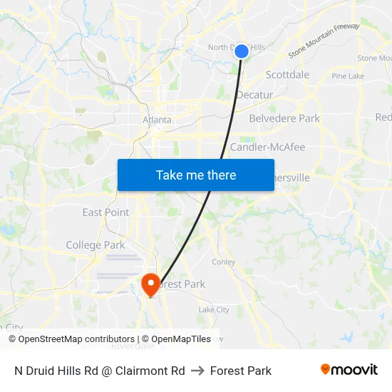 N Druid Hills Rd @ Clairmont Rd to Forest Park map