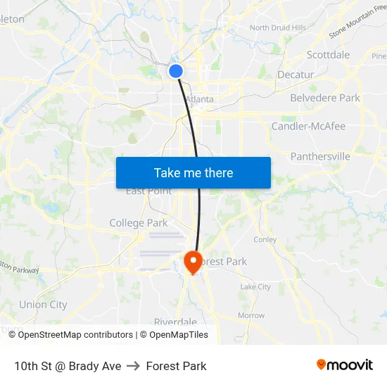 10th St @ Brady Ave to Forest Park map