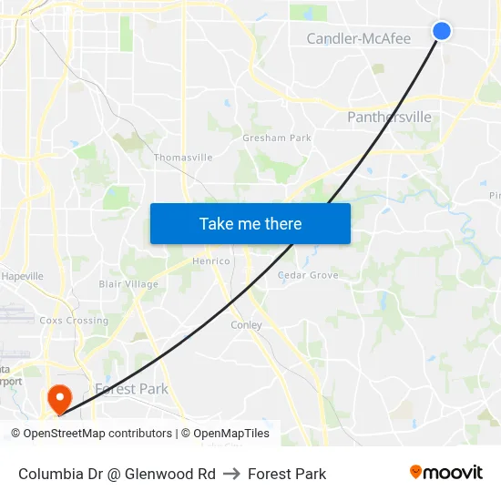Columbia Dr @ Glenwood Rd to Forest Park map