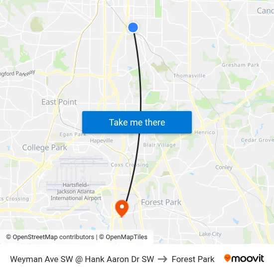 Weyman Ave SW @ Hank Aaron Dr SW to Forest Park map