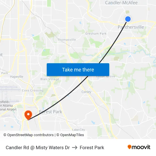 Candler Rd @ Misty Waters Dr to Forest Park map