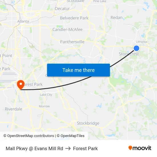 Mall Pkwy @ Evans Mill Rd to Forest Park map