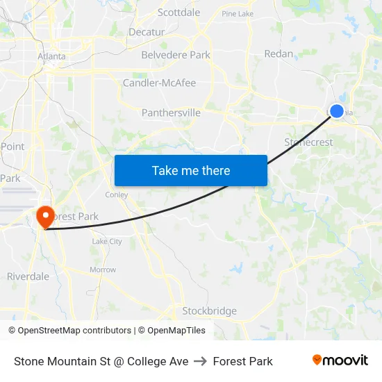 Stone Mountain St @ College Ave to Forest Park map