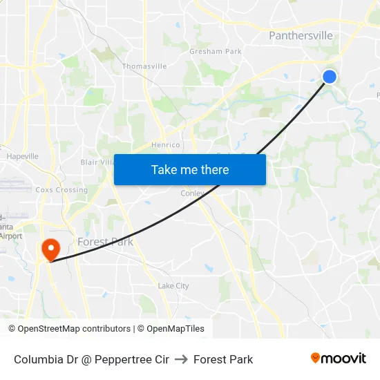 Columbia Dr @ Peppertree Cir to Forest Park map