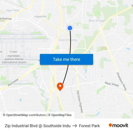 Zip Industrial Blvd @ Southside Indu to Forest Park map
