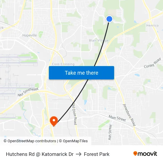 Hutchens Rd @ Katomarick Dr to Forest Park map