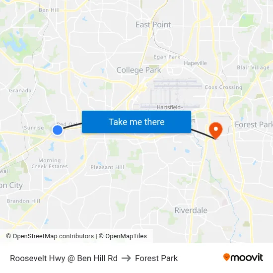 Roosevelt Hwy @ Ben Hill Rd to Forest Park map
