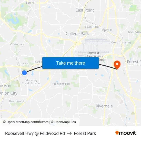 Roosevelt Hwy @ Feldwood Rd to Forest Park map