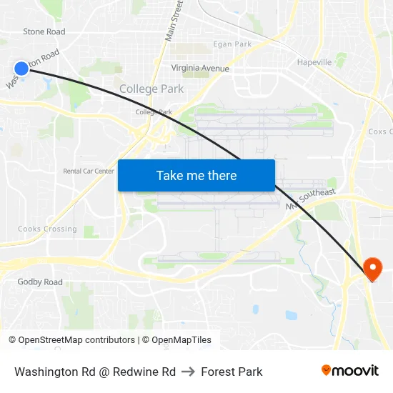 Washington Rd @ Redwine Rd to Forest Park map