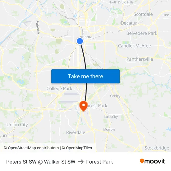 Peters St SW @ Walker St SW to Forest Park map