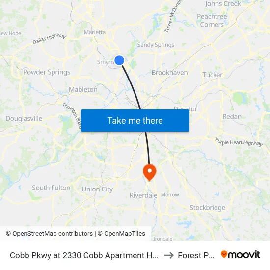Cobb Pkwy at 2330 Cobb Apartment Homes to Forest Park map