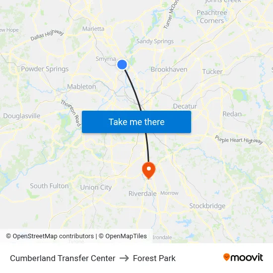 Cumberland Transfer Center to Forest Park map