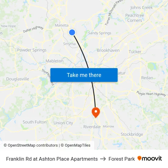 Franklin Rd at Ashton Place Apartments to Forest Park map