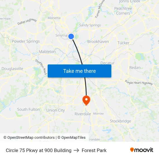 Circle 75 Pkwy at 900 Building to Forest Park map