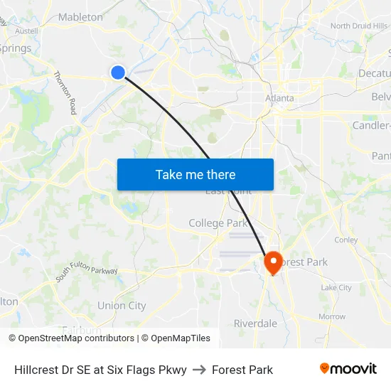 Hillcrest Dr SE at Six Flags Pkwy to Forest Park map