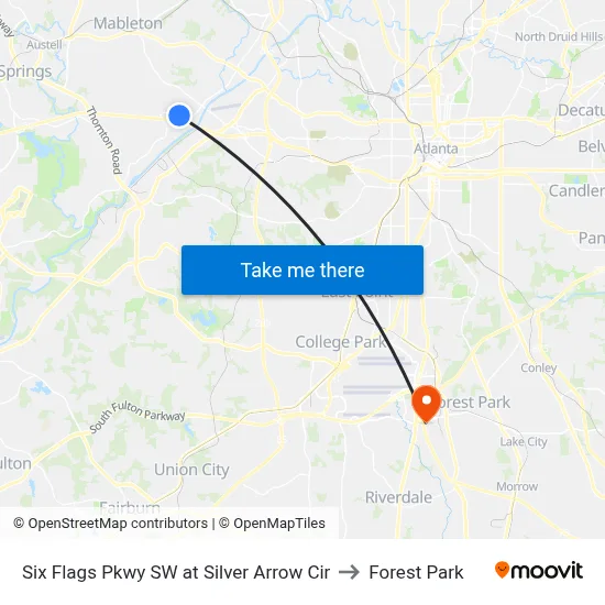 Six Flags Pkwy SW at Silver Arrow Cir to Forest Park map