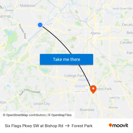 Six Flags Pkwy SW at Bishop Rd to Forest Park map
