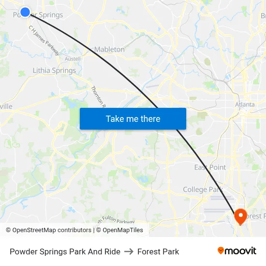 Powder Springs Park And Ride to Forest Park map